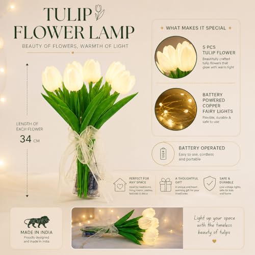 Image of MoonlitDreams Artificial White Tulip Flower Lamp with LED Lights, 5 Tulip Bouquet Night Light for Bedroom Decor | Battery Operated Aesthetic Room Decor Gift