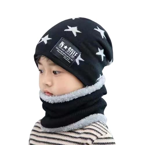 MOMISY Kids Winter Hat and Scarf Set, 2Pcs Warm Knit Beanie Cap and Scarf for 5-10 Years Old Boys and Girls (Black S)