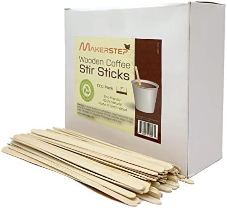 Makerstep 1000 Premium Wooden Coffee Stirrers, 7 Inch Coffee Stir Sticks with Storage Box, Sturdy Birch Wood Sticks. Eco-friendly, Splinter Free, Round End. For Tea, Beverage, Craft, and Popsicle