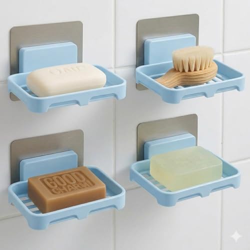 Image of Self Adhesive Soap Holder for Bathroom Wall | Plastic Soap Stand with Drain Tray | Wall Mounted Soap Dish | No Drilling Bathroom Soap Holder (Rectangular Blue 04)