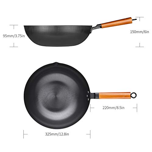 SKY LIGHT Wok Pan, No Chemical Stir Fry Pan 12.5-inch, 100% Carbon Steel Chinese Iron Pot with Detachable Wooden Handle, Scratch Resistant Flat Bottom for Electric, Induction & Gas Stoves, Oven Safe