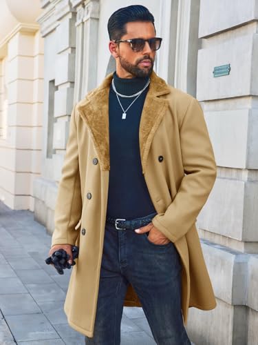 Image of Runcati Mens Trench Coat Double Breasted Notched Collar Fleece Jacket Slim Fit Fall Winter Fuzzy Pea Coats Warm Overcoat