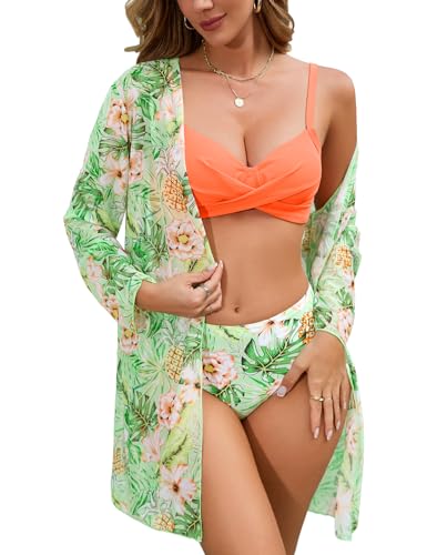 UMIPUBO Bikinis Mujer 3 Piezas Impreso Bikini Cover Up Cintura Baja Traje de Baño Sexy Push Up Bañadore Talla Grande Playa La Natacion(Naranja,XL)