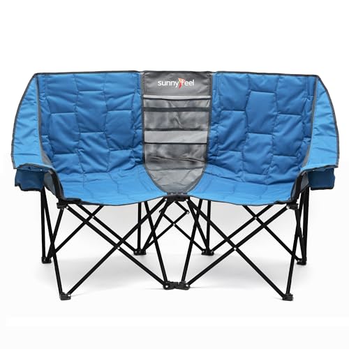 SUNNYFEEL Folding Double Camping Chair, Oversized Loveseat Chair, Heavy Duty Portable/Foldable Lawn Chair with Storage for Outside/Outdoor/Travel/Picnic, Fold Up Camp Chairs for Adults 2 Peo