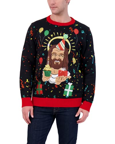 Holiday Hype Men's Festive Ugly Christmas Holiday Party Pull Over Sweater, Birthday Jesus Light Up, X-Large