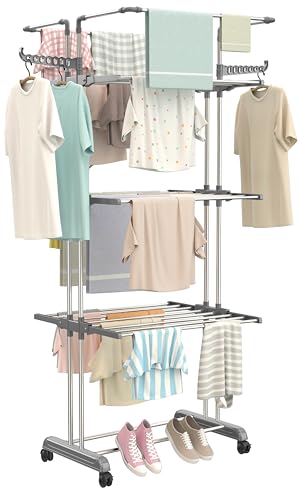 Image of Synergy - Premium Heavy Duty Stainless Steel Clothes Drying Stand | Cloth Dryer Stand | Cloth Stand for Drying Clothes Foldable | Cloth Hanging Stand | Cloth Drying Stand (4-Tier) Grey - SY-CS20-L4