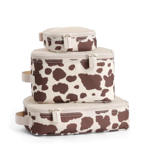 Image of Itzy Ritzy Packing Cubes for Travel Set of 3 Packing Organizers; Each Travel Cube Features a Mesh Top, Double Zippers and a Fabric Handle (Cow Print)