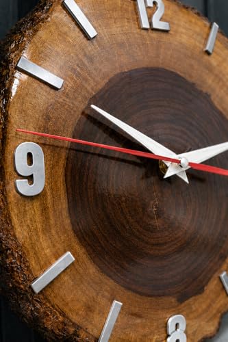Image of Wall Clock | Handcrafted Sheesham Wooden Wall Clock with Silent Sweep Quartz Movement - Solid Wood Wall Clock for Living Room, Office & Home Decor (Rustic Design) (Silver)