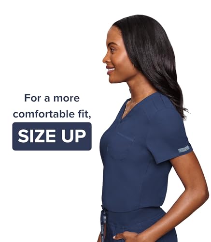 Image of Med Couture Women's V-Neck Scrub Top, Modern Fit Tuck-in Top with Stretchy Rib-Knit Shoulders and Chest Pocket - MC7448