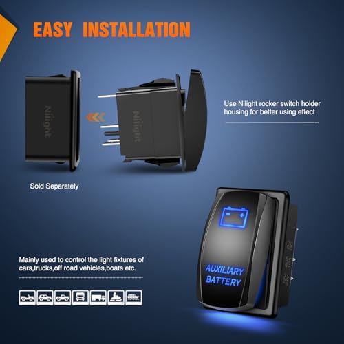 Image of Nilight Auxiliary Battery Rocker Switch Led Light Bar 5 Pin Laser On Off | SPST Switches 20A /12V 10A /24V Blue with Jumper Wires Set for Cars Trucks Boats ATVs UTVs RVs