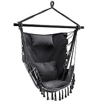 SFAREST Hammock Chair, Garden Hanging Swing Chair with Detachable Steel Bar, Side Pocket, Head Pillow & 2 Cushions, Patio Tassels Swing Seat for Balcony Yard Poolside, 150kg Max Load