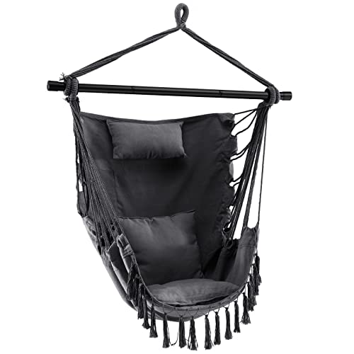 Image of SFAREST Hammock Chair, Garden Hanging Swing Chair with Detachable Steel Bar, Side Pocket, Head Pillow & 2 Cushions, Patio Tassels Swing Seat for Balcony Yard Poolside, 150kg Max Load