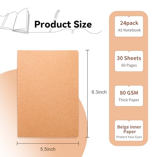 24-Pack-Blank-Kraft-Notebooks-83x55-Inches-A5-Small-Journals-Bulk-Blank-Notebooks-80-GSM-Unlined-with-60-Pages-A5-Subject-Notebooks-Traveler-Journal-Set-for-Adult-Students-Gift-School-Office-Supplies