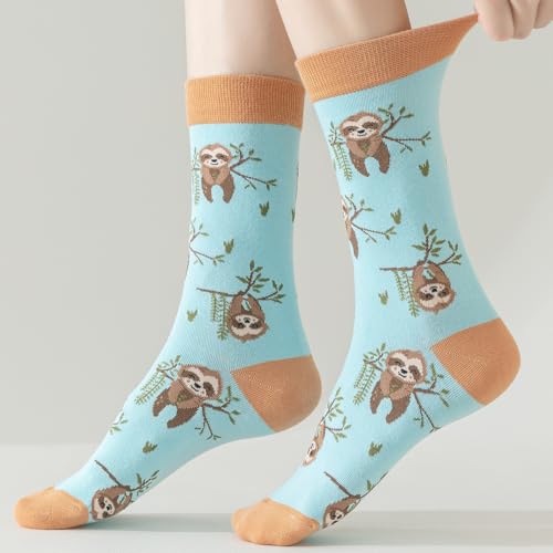 Image of 5 Pairs Cute Animal Crew Socks Fun Casual Cotton Calf Socks for Women (US, Alpha, One Size, Regular, Regular, Sloth)