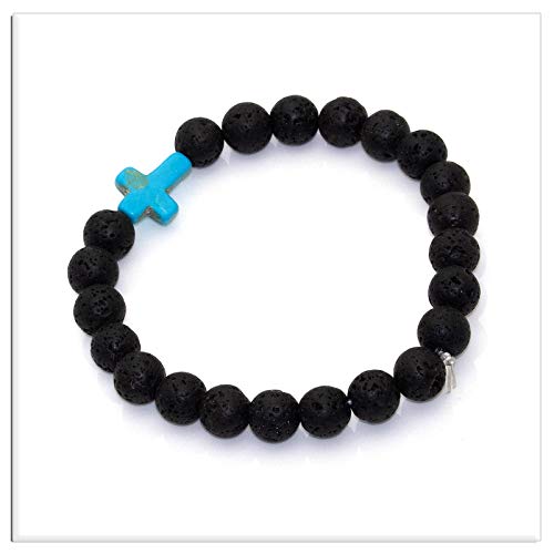 Image of Xusamss Fashion Religious Cross Bracelet 8mm Tiger Eye Turquoise Beads Elastic Bracelet,7 1 /2 wrist