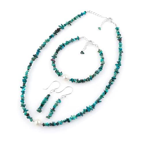 Genuine Chrysocolla Gemstone Nugget Beads Jewelry Set for Women, Silver Plated Choker Necklace, Bracelet & Dangle Earrings