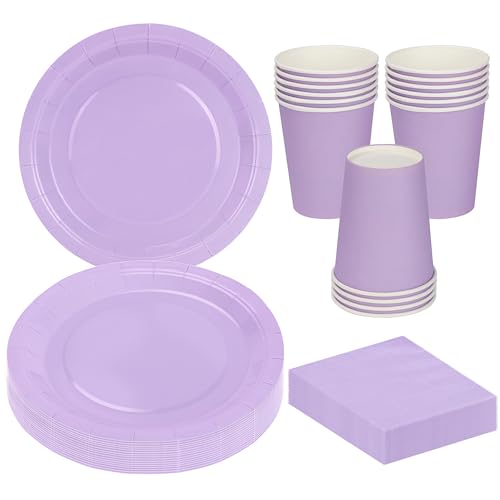 MestectPET 56 Piezas Vajilla Morado para Fiestas, Platos Vasos y Servilletas de Papel para 16 Invitados, Ideal Juego de Vajilla para Cumpleaños Bodas Aniversario Baby Shower Barbacoas