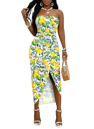 Image of Umenlele Women's Strapless Ruched High Waist Wrap Split Asymmetrical Beach Maxi Long Dress