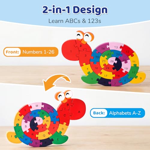 Rompecabezas de Madera LovesTown en Forma de Caracol, Doble Cara | Alfabeto y Números, Diseño Animal Montessori para Niños Pequeños miniatura 2
