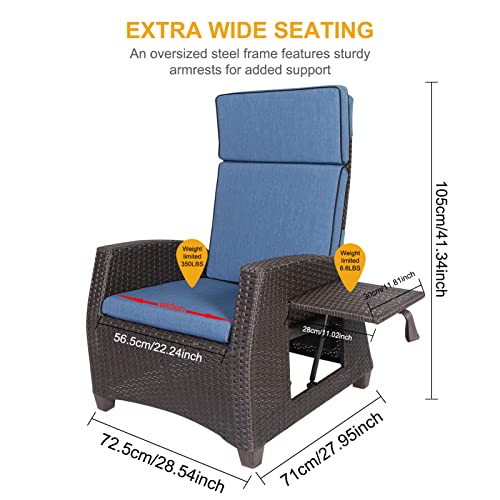 Vowtick Outdoor Recliner Chair, Patio Wicker Reclining Chair Adjustable With Fliptable, Patio Sofa Lounge Chair With Cushion For Garden Poolside Balcony (Brown+Blue, 1Pc Recliner) #TOP2