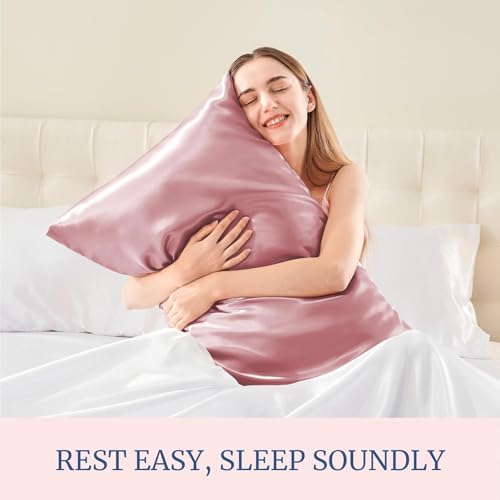 Image of Satin Pillow Covers Set of 2 with 3 Free Random Color Hair Scrunchies - Anti-Frizz, Skin-Friendly, Soft & Durable Pillowcase Set for All Hair Types (Pink)