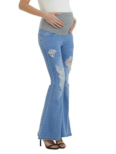 Exarus Maternity Jeans Over The Belly Flare With Pockets Pregnancy Bell Bottoms Ripped Denim Pants Casual Ultra Light Blue 31" Medium #TOP3