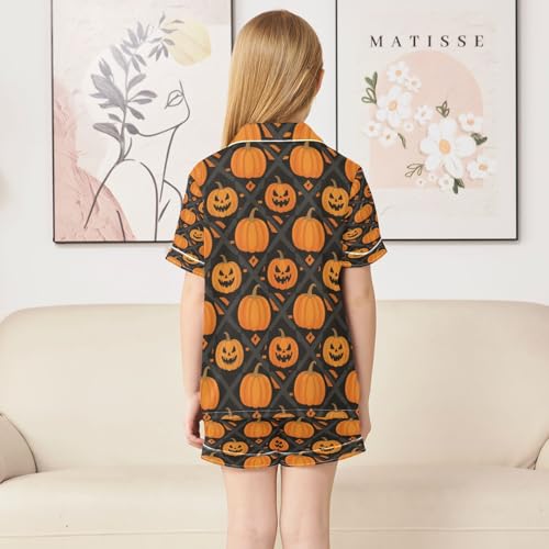 Satin Pajama Sets Short Sleeve Halloween Pumpkins on Black Button Down Silky Nightwear 2 Piece PJS 5-14Y4