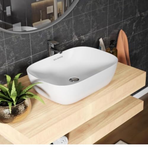 Image of SEA SHORE Modern Table Top Wash Basin, Ceramic Glossy White Vessel Sink for Bathroom, Vanity & Dining Hall, Designer Countertop Basin, 33 x 46 x 16 cm