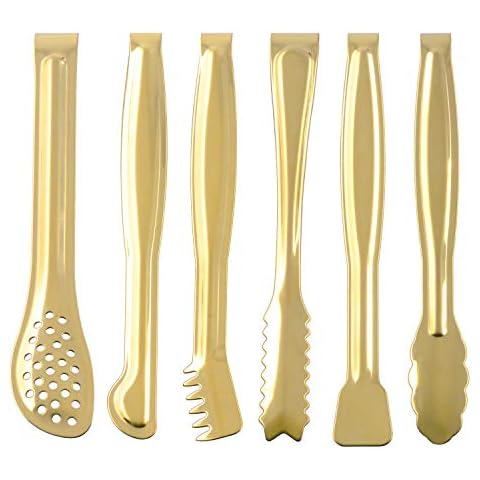 HINMAY Gold Plated Mini Serving Tongs Set 6-Inch Appetizers Tongs Stainless Steel Small Sugar Cube Tongs Ice Tongs, Set of 6 Cover