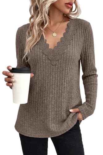 WIHOLL Womens Long Sleeve Tops V Neck Lace Trim Dressy Casual Fall Outfits Sweaters - Image 3