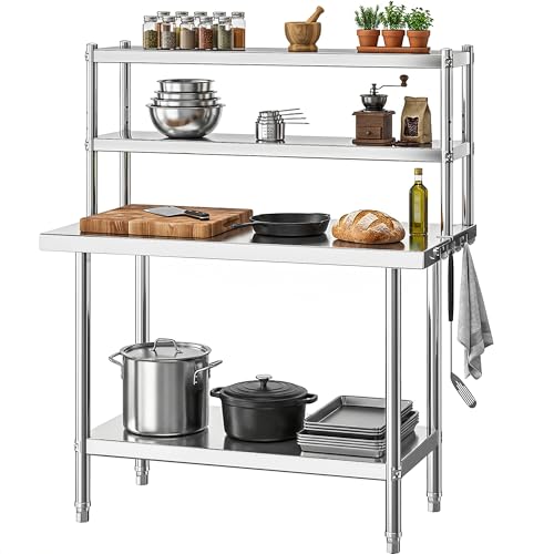 Image of DWVO 36x24in Stainless Steel Table with Adjustable Overshelf | NSF Metal Prep Worktable for Kitchen Restaurant Hotel Garage Warehouse Home Commercial