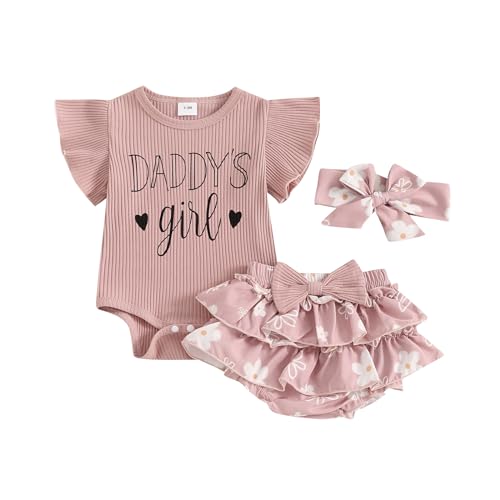 Image of BeQeuewll Newborn Baby Girls Clothes Summer Daddys Girl Outfit Ruffle Romper Bow Tutu Shorts Heaband 3Pcs Girl Outfits