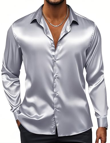 Image of Hi-Tie Men's Silk Satin Dress Shirts Long Sleeve Shiny Casual Button Up Shirts Luxury Party Disco Prom Wedding Shirt