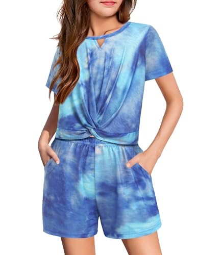 Image of Arshiner Girls Summer 2 Piece Outfits Tie Dye Short Sets Casual Twist Front Short Sleeve Tops and Pant with Pockets