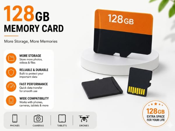 Image of Memory Card 128GB Class 10, Up to 70 Mbps Reading & 30 Mbps Writing Speed with High Performance of Data Transfer & Lower Power Consumption for Portable Devices (128GB)