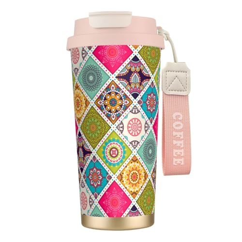 タンブラー エスニック柄 マンダラ柄 曼荼羅 マグボトル コーヒーカップ 水筒 保温 保冷 ウォーターボトル 蓋付き ストロー付き 直飲み おしゃれ プレゼント
