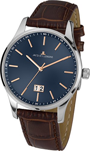 Preisvergleich Produktbild JACQUES LEMANS Herrenuhr London Lederarmband massiv Edelstahl Big Date 1-1862C