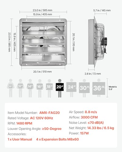 Image of VEVOR 20 Inch Shutter Exhaust Fan Wall Mounted Automatic Louvers Silver, Sturdy Steel Housing, Low Noise, AC Motor, 4499 CFM Ventilation and Cooling for Attic, Garage, Barn, Greenhouse, Workshop