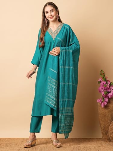 Image of Naixa Women's Chanderi Viscose Embroidered Straight Kurta with Pant and Dupatta Sets (NX-S-Amayra)
