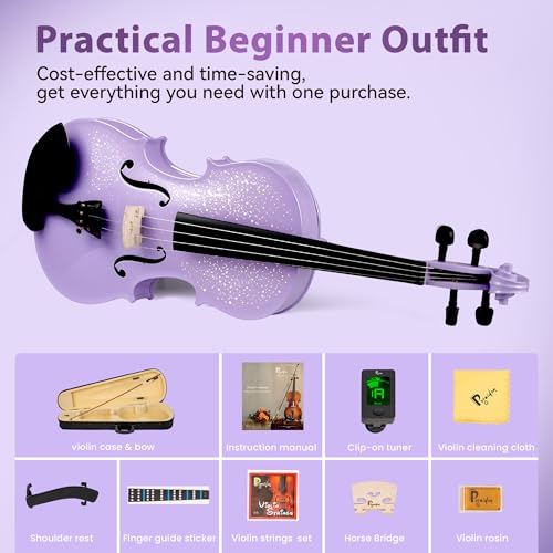 Image of Poseidon Acoustic Violin for Beginner, Full Size Violin Set for Students with Hard Case, Extra 4 /4 Strings Set, Violin Bow, Horse Bridge, Violin Rosin, Shoulder Rest, Clip-on Tuner, Manual - Purple