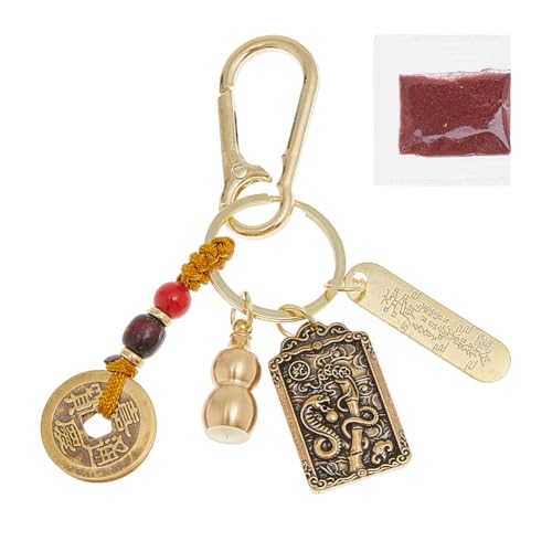 DICOSMETIC Chinese Feng Shui Keychain Brass Keychain with Cinnabar Zodiac Snake Five Emperors Money Copper Gourd Amulet Good Luck Key Chain for Home Car Backpack Purse Bag Decoration