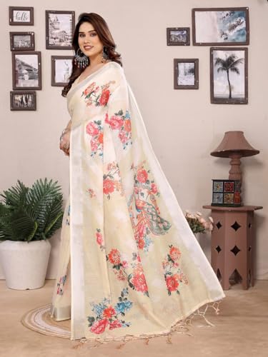 Image of Women's Zari Border Cotton Linen Printed Saree with Blouse