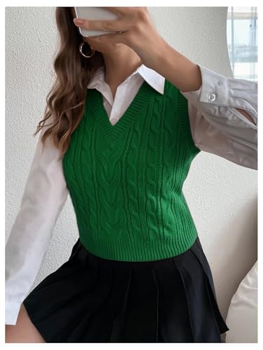 Image of Milumia Women's Cable Knit V Neck Sweater Vest Sleeveless Ribbed Crop Tank Top