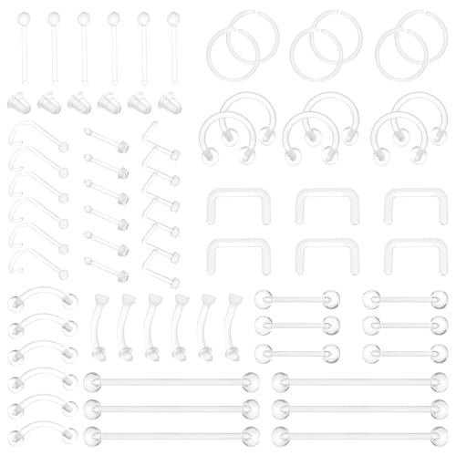 Yolev Clear Body Piercing Jewelry Set - 66 Pieces Bioflex Clear S...