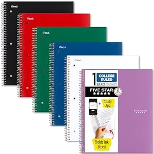 Five Star Spiral Notebooks, 6 Pack, 1 Subject, College Ruled Paper, Fights Ink Bleed, Water Resistant Cover, 8-1/2" x 11", 100 Sheets, Black, Red, Blue, Green, White, Purple (38052)