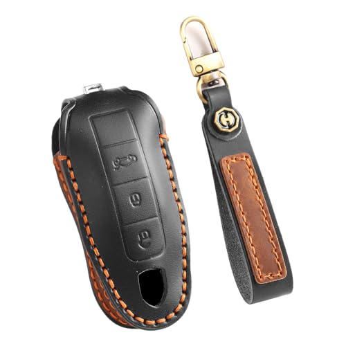 TECART Autoschlüsselhalter Schutzhülle Passt für Porsche 911 718 Cayenne Macan Panamera Boxster Cayman Carrera Spyder Schlüsselschutz Leder Schlüsseltasche Schlüsselanhänger 3 Tasten Schwarz