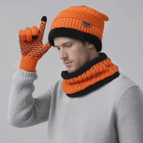 Image of Loritta Winter Hats for Men, 3 PCS Fleece Beanie Scarf Gloves Set