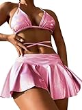 DaiLiWei 3 Piece Swimsuits for Women Festival Rave Outfits Metallic Glitter Bikini Sets Sexy Bathing Suit Beach Skirt 2025