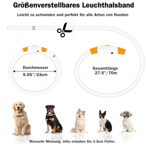 Nepfaivy Leuchthalsband Hund USB Aufladbar - Wasserdichtes Hundehalsband Leuchtend mit 3 Beleuchtungsmodi, Längenverstellbareres LED Halsband für Kleine, Mittlere und Große Hunde (Orange)