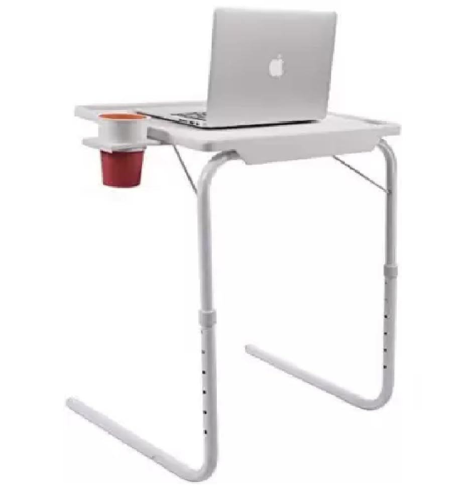 Honeysha Laptop Table Mate workspace Bed Table Matte Finish Plastic top 51 * 40 * 70cm Metal Stand Multipurpose tablemate with Cup Holder (White_H)